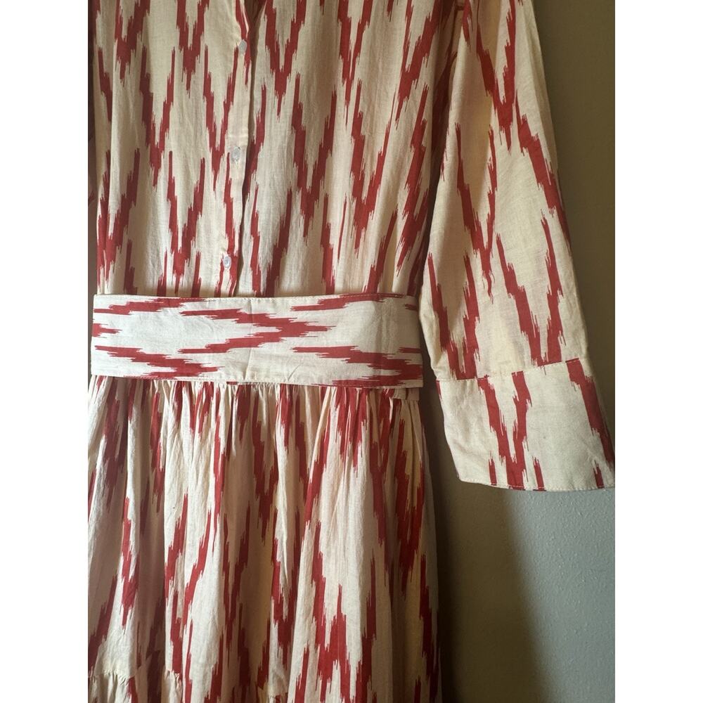 Guadalupe SZ Large Meredith Red Ikat Dress drop waist 1/4 button Cottagecore - Picture 7 of 11